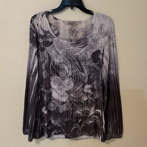 ONE WORLD Black and Gray Floral Long Sleeve Top